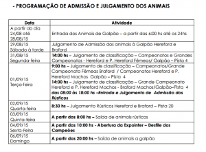 Programação de admissão e julgamento dos animais